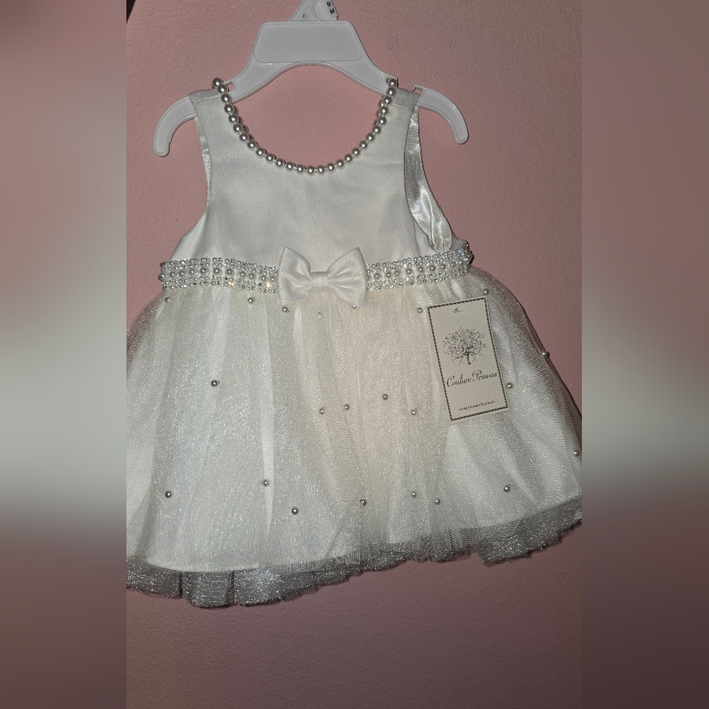 Elegant White Dress with Bow & Pearls | 9M